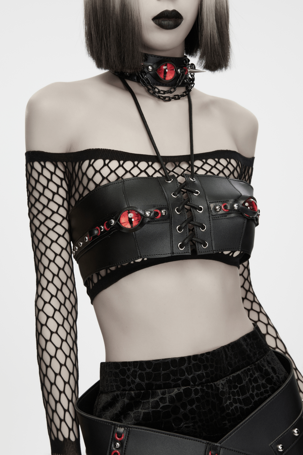 Punk Devil Eye Lace Up Faux Leather Bra Crop Top