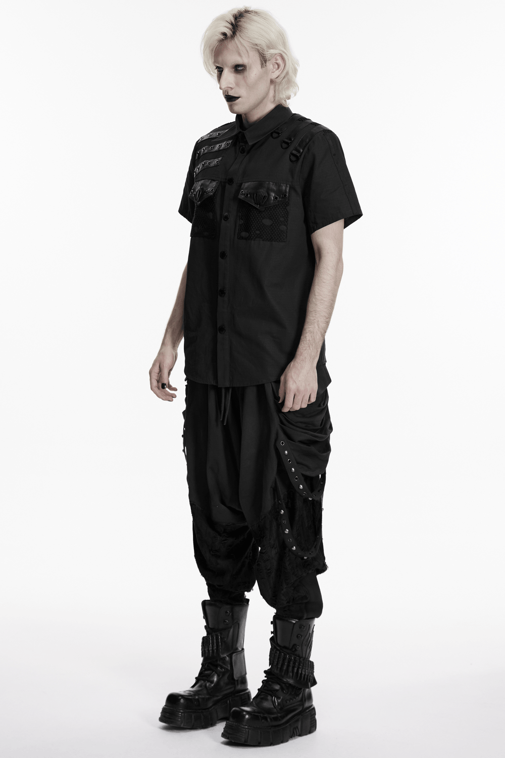 Punk Distressed Shirt with D-Ring Shoulder Loops
