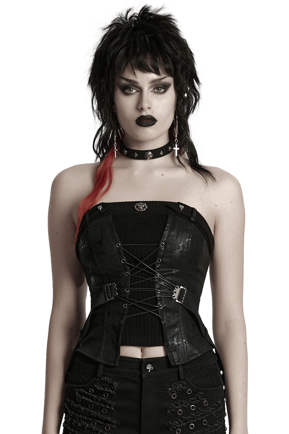 Punk Drawstring Tube Top with Zipper and Straps