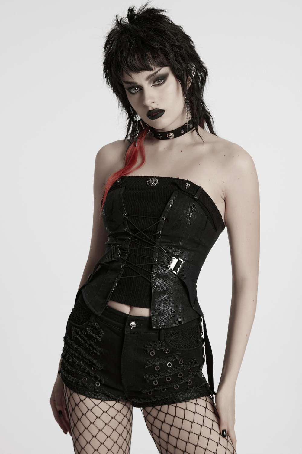 Punk Drawstring Tube Top with Zipper and Straps