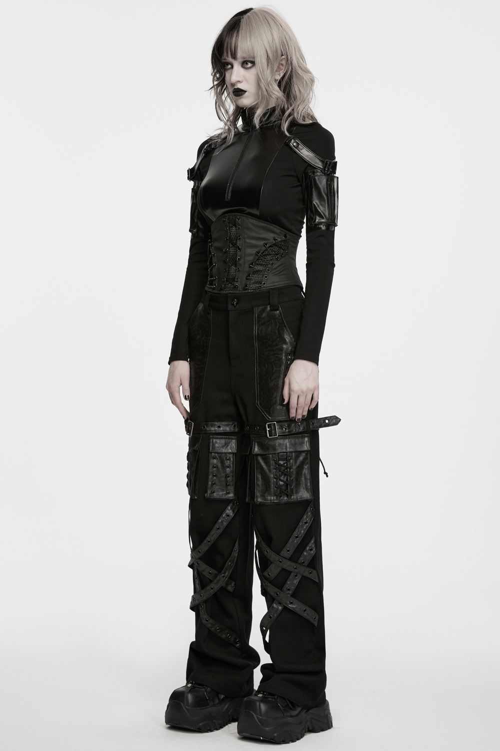 Punk Faux Leather Corset Belt with Mesh Panels