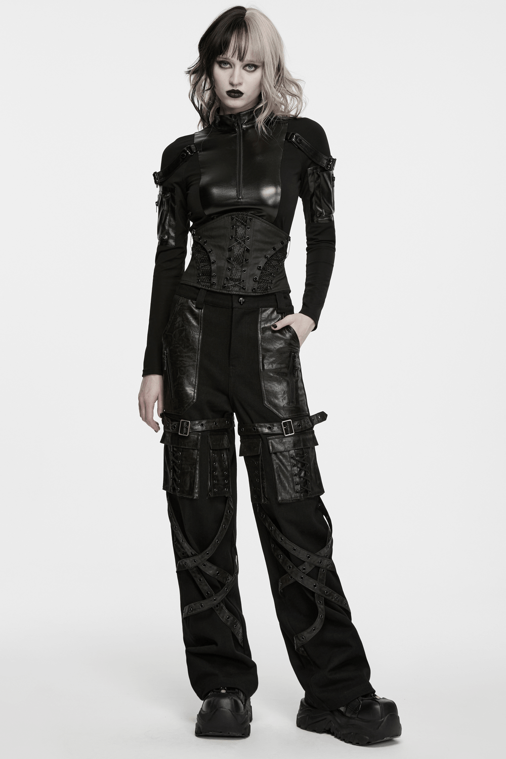 Punk Faux Leather Corset Belt with Mesh Panels