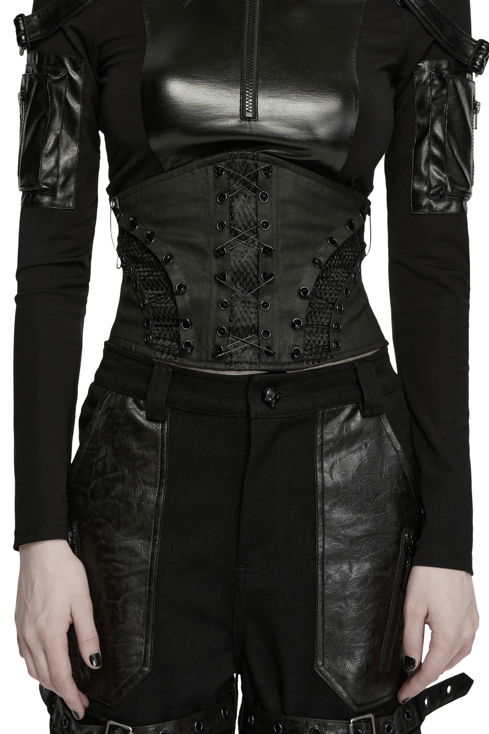 Punk Faux Leather Corset Belt with Mesh Panels