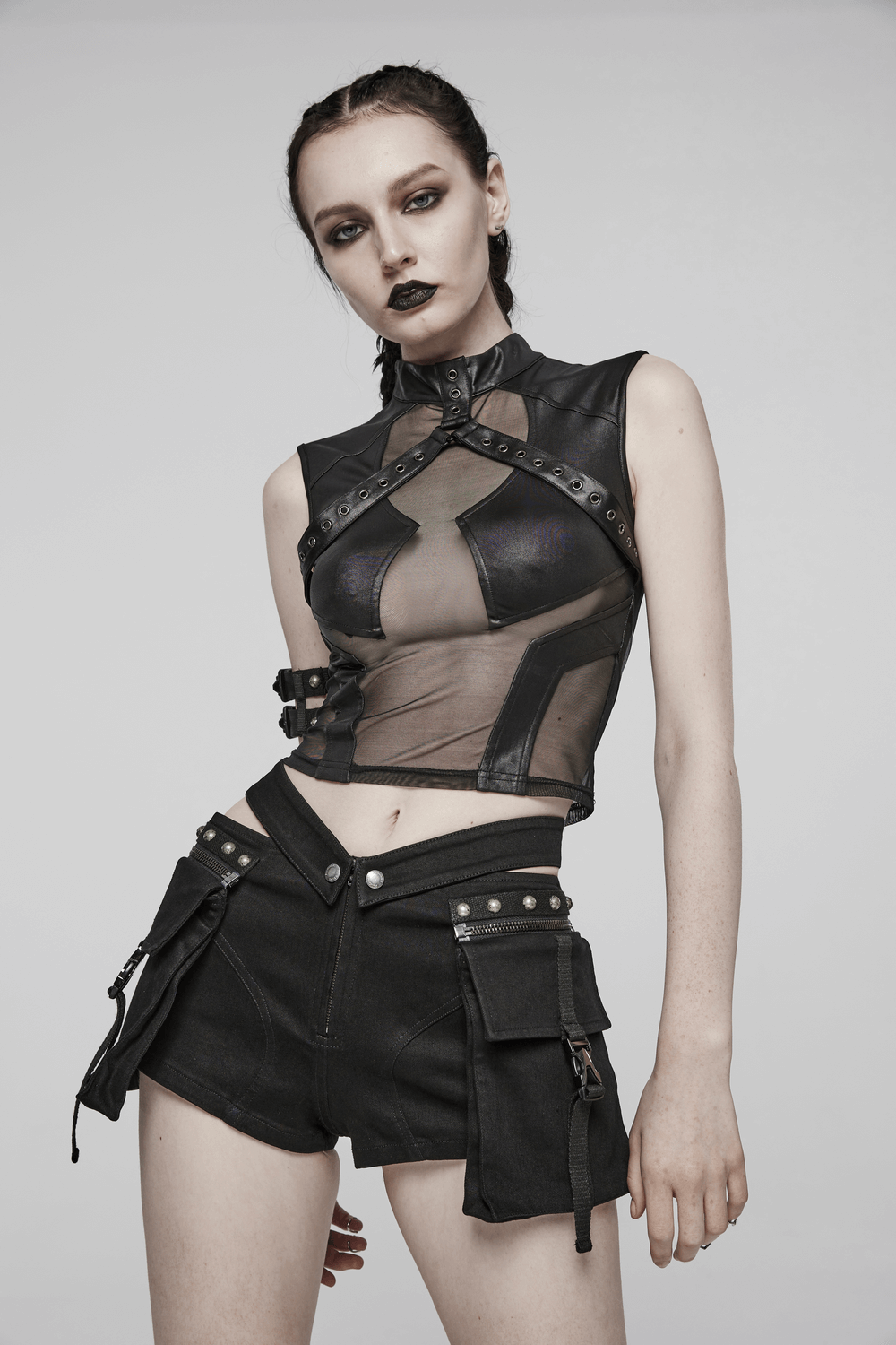 US SALE of Punk Female Riveted Shorts with Detachable Cargo Pockets