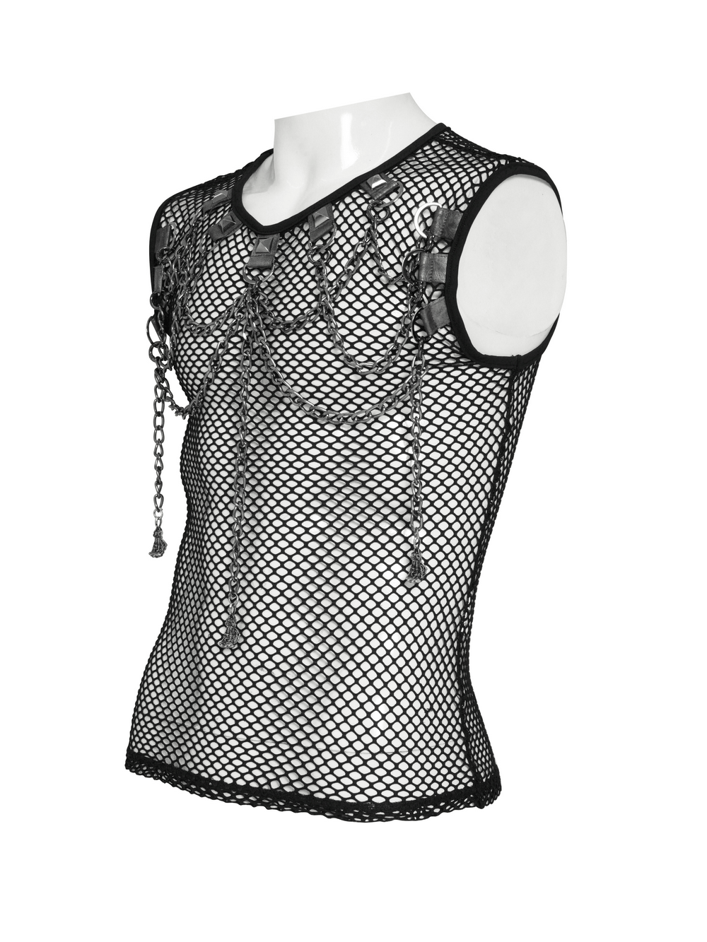 Punk Fishnet Tank Top with Chains and Studded Straps