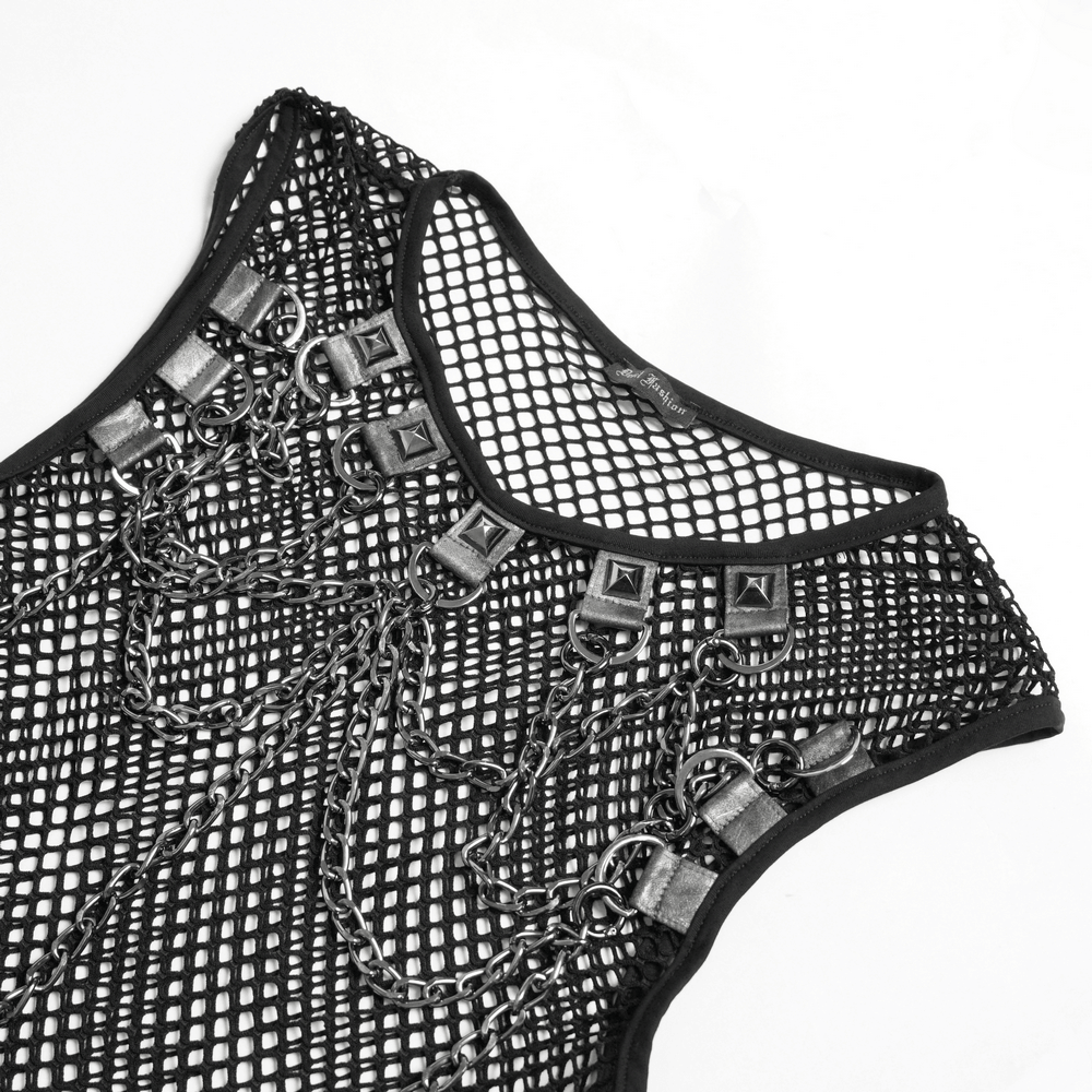 Punk Fishnet Tank Top with Chains and Studded Straps