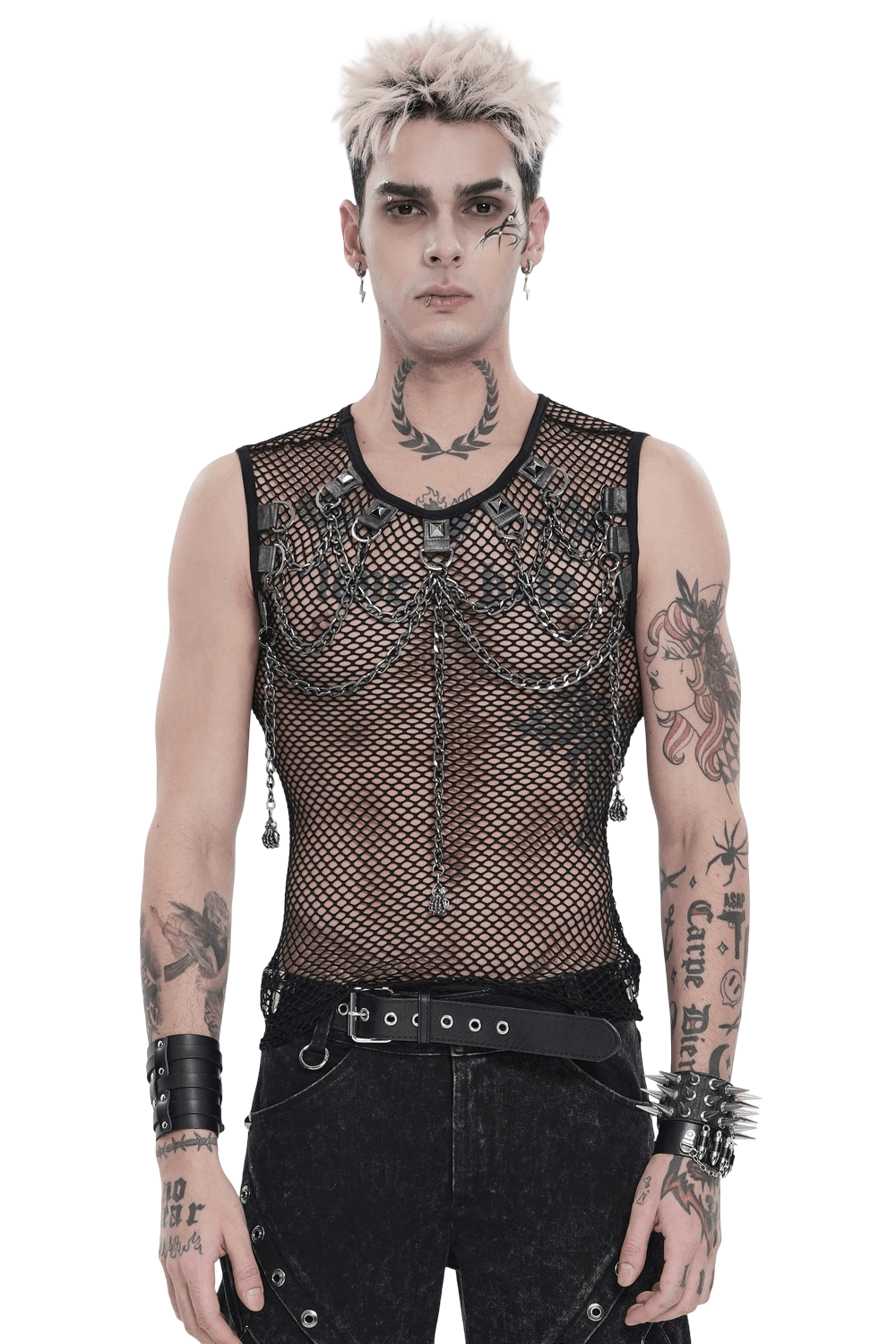 Punk Fishnet Tank Top with Chains and Studded Straps