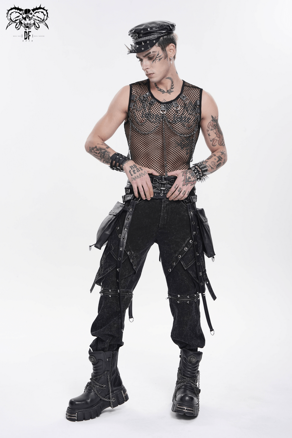 Punk Fishnet Tank Top with Chains and Studded Straps