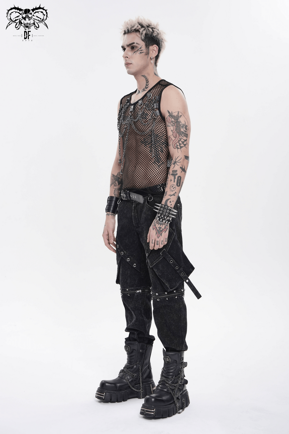 Punk Fishnet Tank Top with Chains and Studded Straps