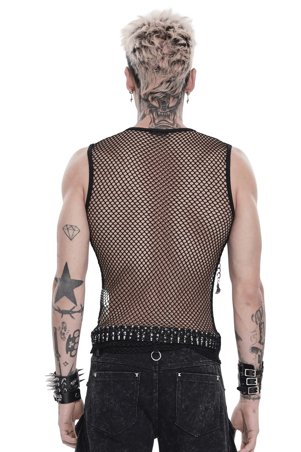 Punk Fishnet Tank Top with Chains and Studded Straps