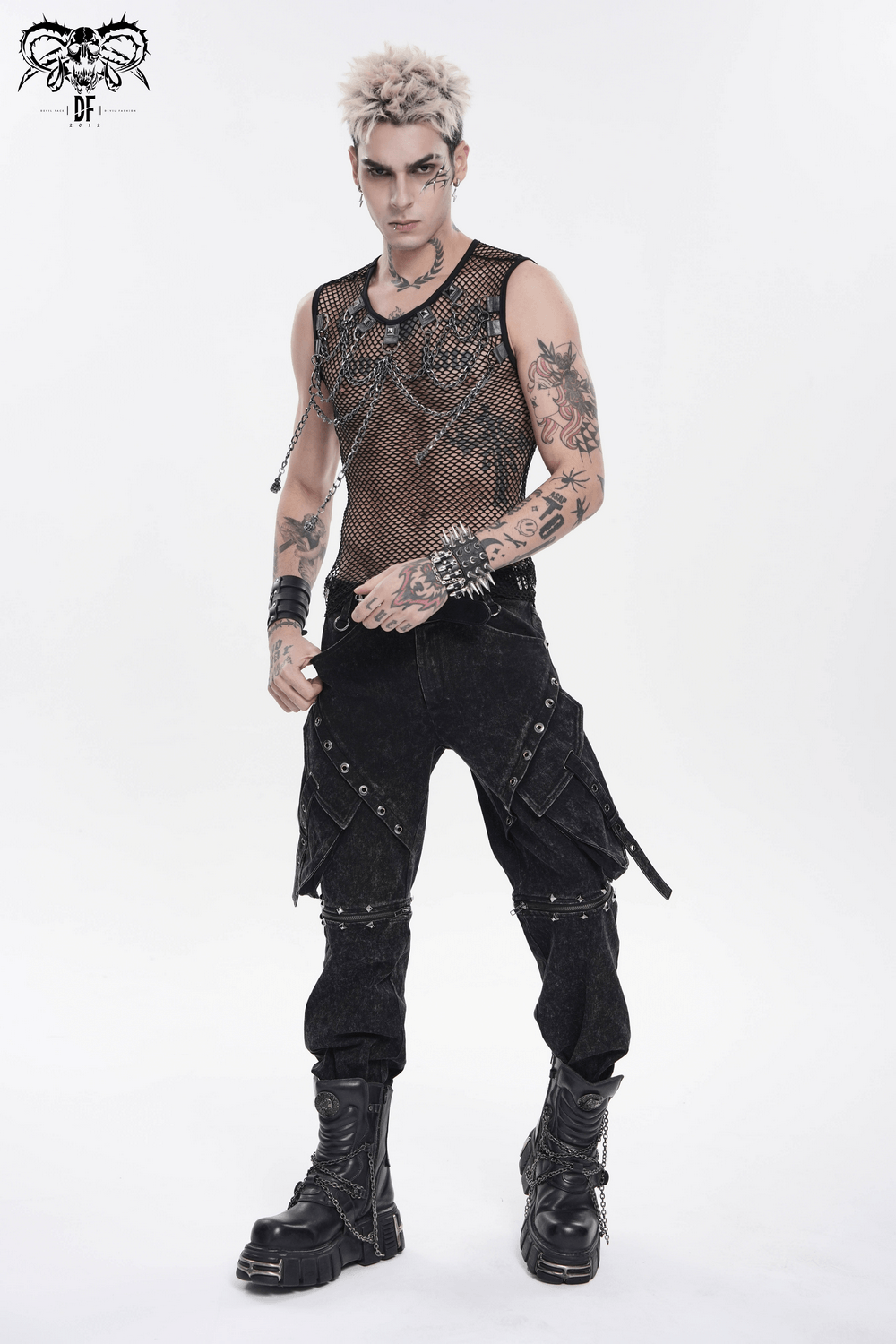 Punk Fishnet Tank Top with Chains and Studded Straps