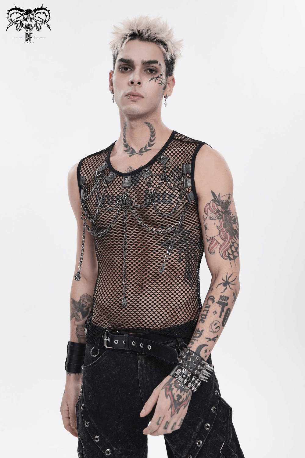 Punk Fishnet Tank Top with Chains and Studded Straps