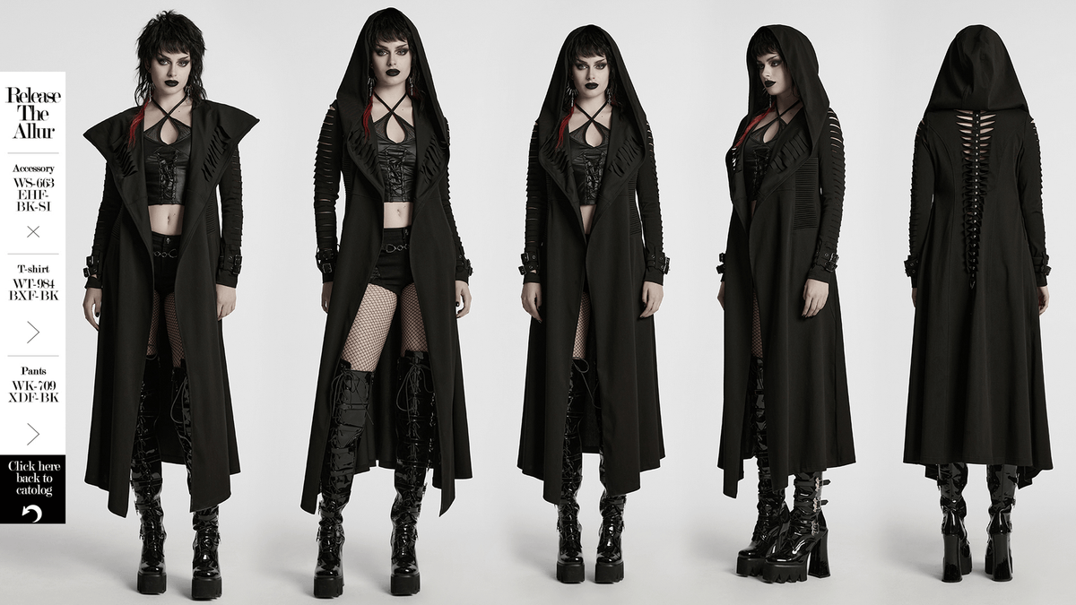 Punk Hooded Cut Washed Cape with Side Pockets and Loops