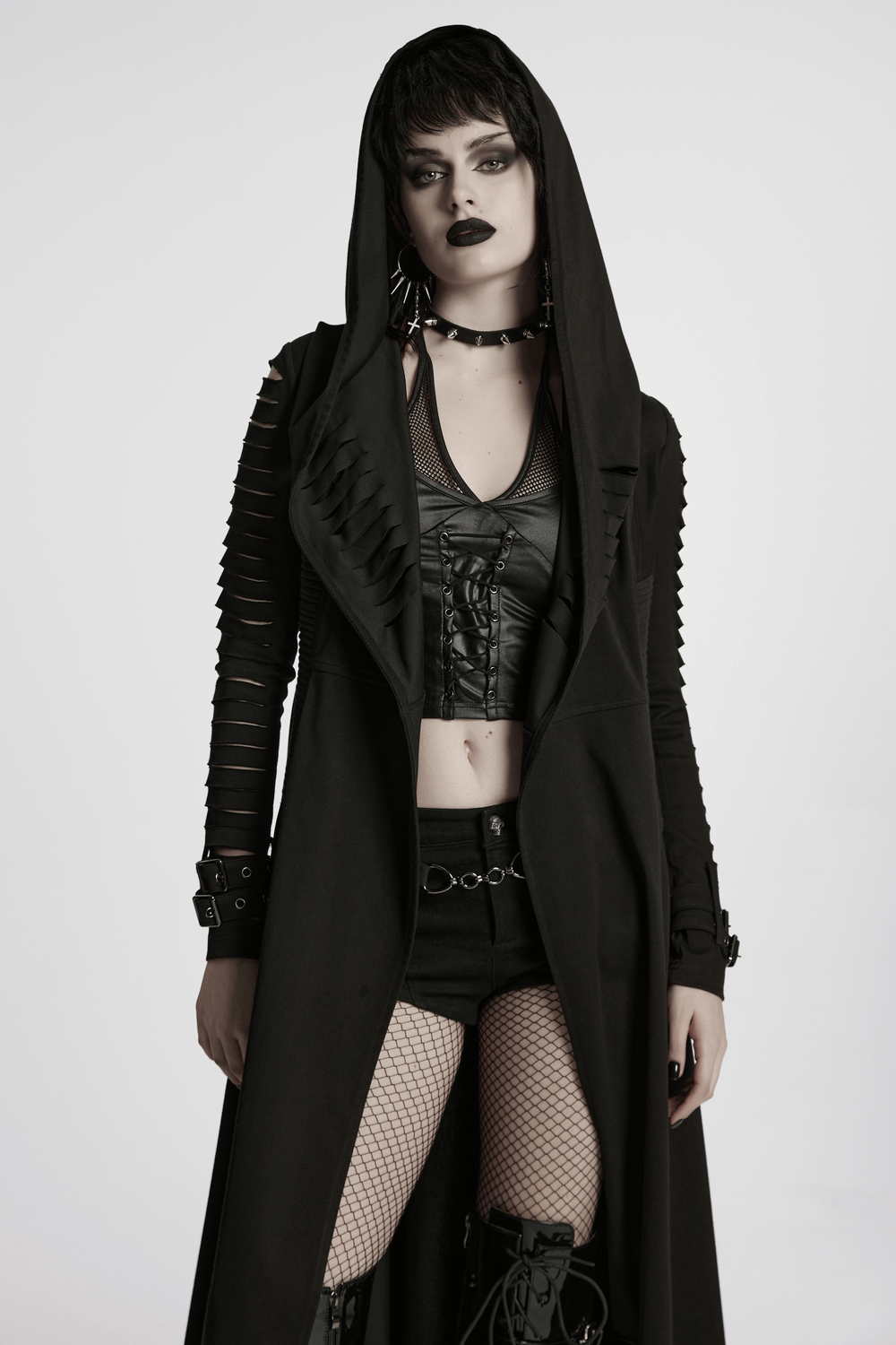 Punk Hooded Cut Washed Cape with Side Pockets and Loops