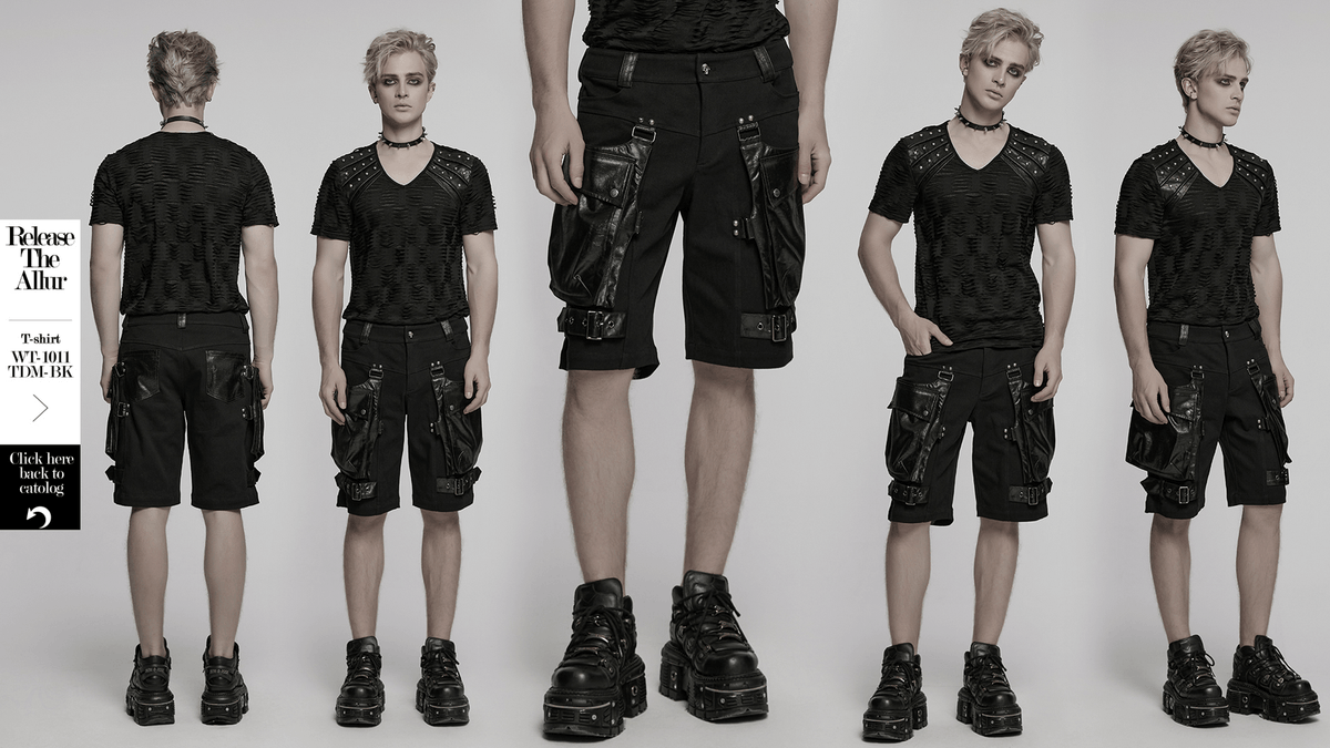 Punk Leather Trimmed Black Shorts with OverSized Pockets