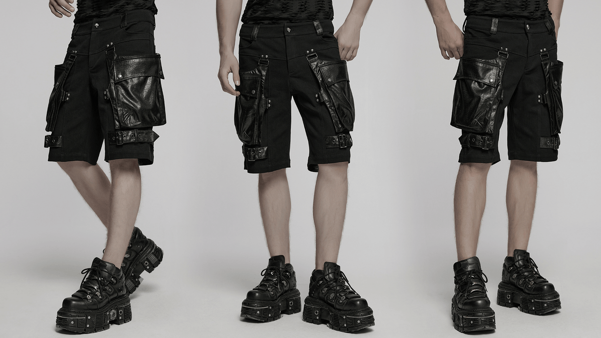 Punk Leather Trimmed Black Shorts with OverSized Pockets