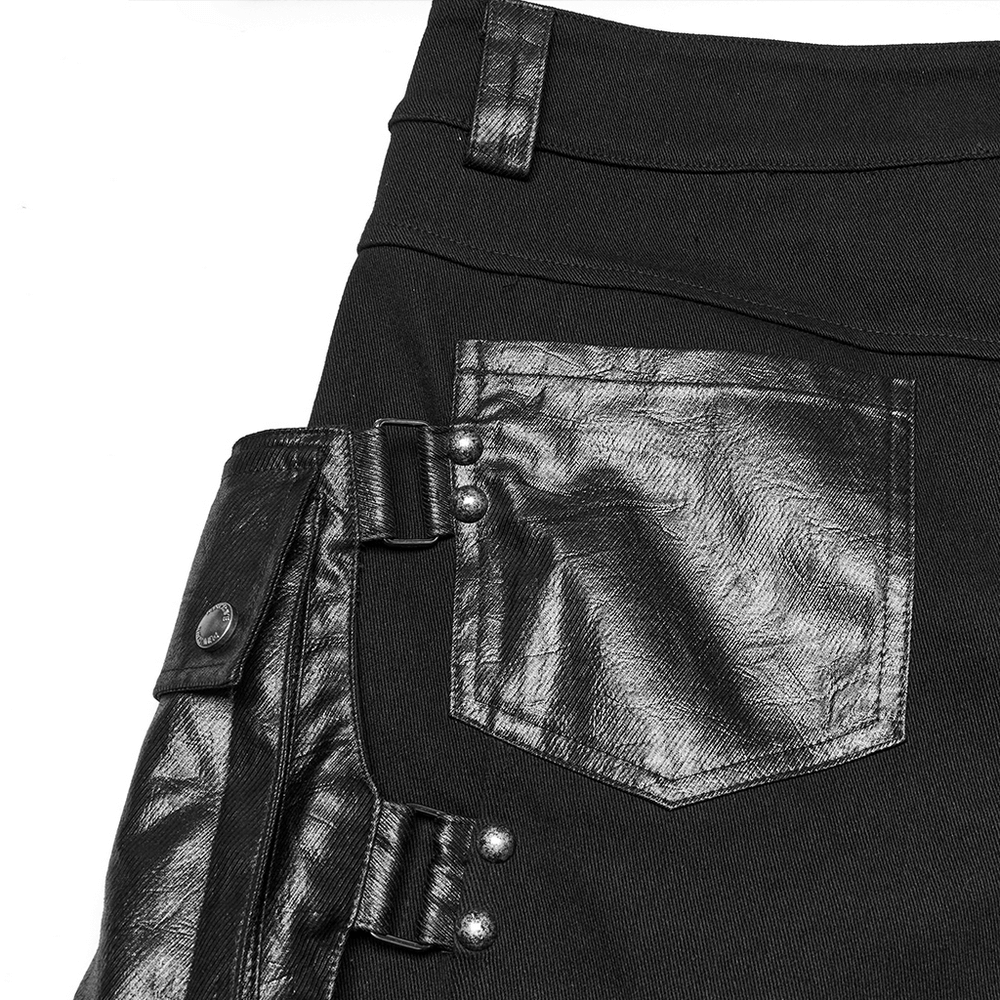 Punk Leather Trimmed Black Shorts with OverSized Pockets