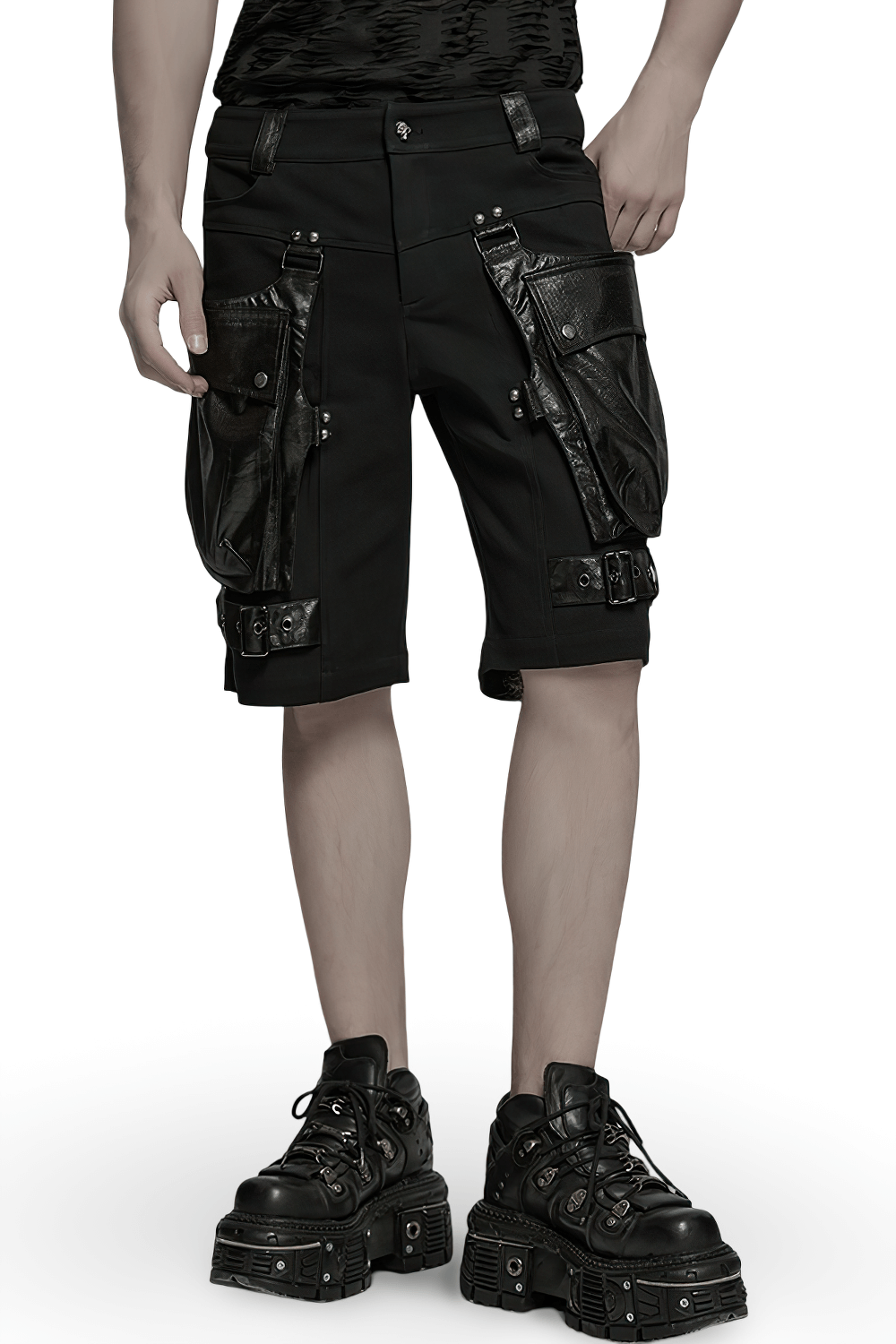 Punk Leather Trimmed Black Shorts with OverSized Pockets