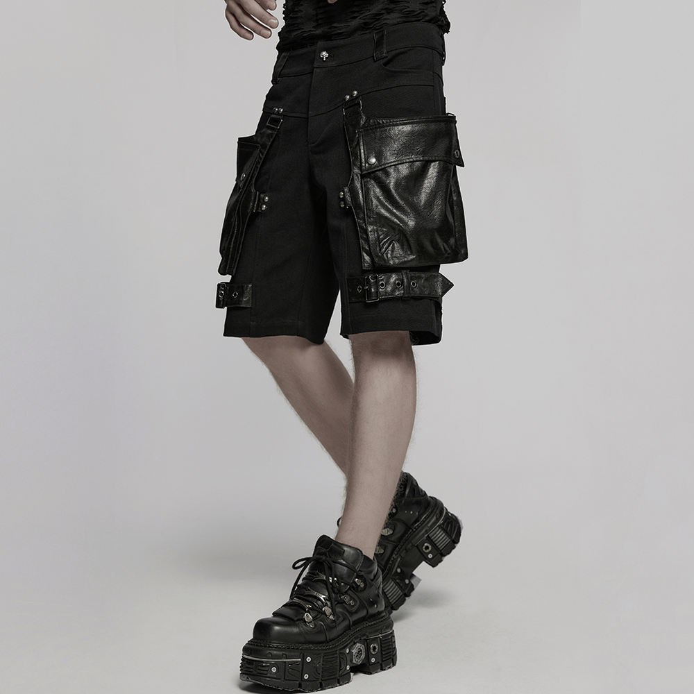 Punk Leather Trimmed Black Shorts with OverSized Pockets