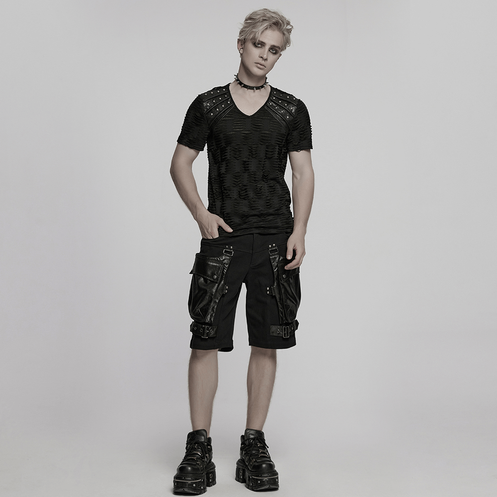 Punk Leather Trimmed Black Shorts with OverSized Pockets