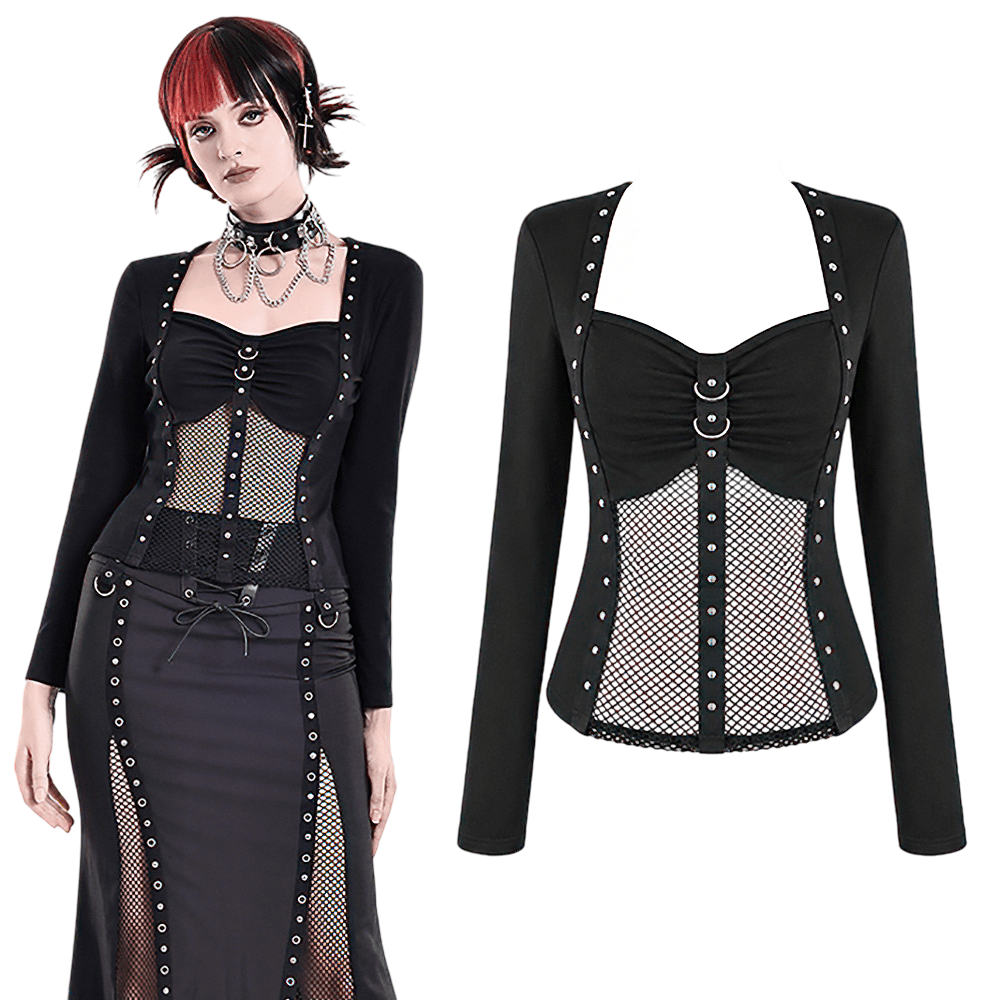Punk Long Sleeve Top with Fishnet and Ring Accents