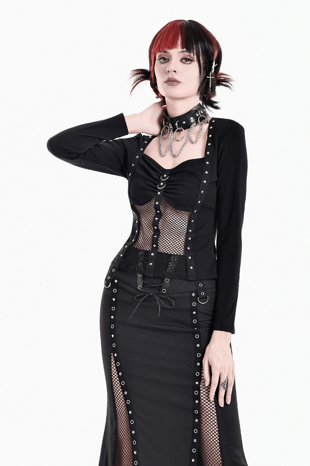 Punk Long Sleeve Top with Fishnet and Ring Accents