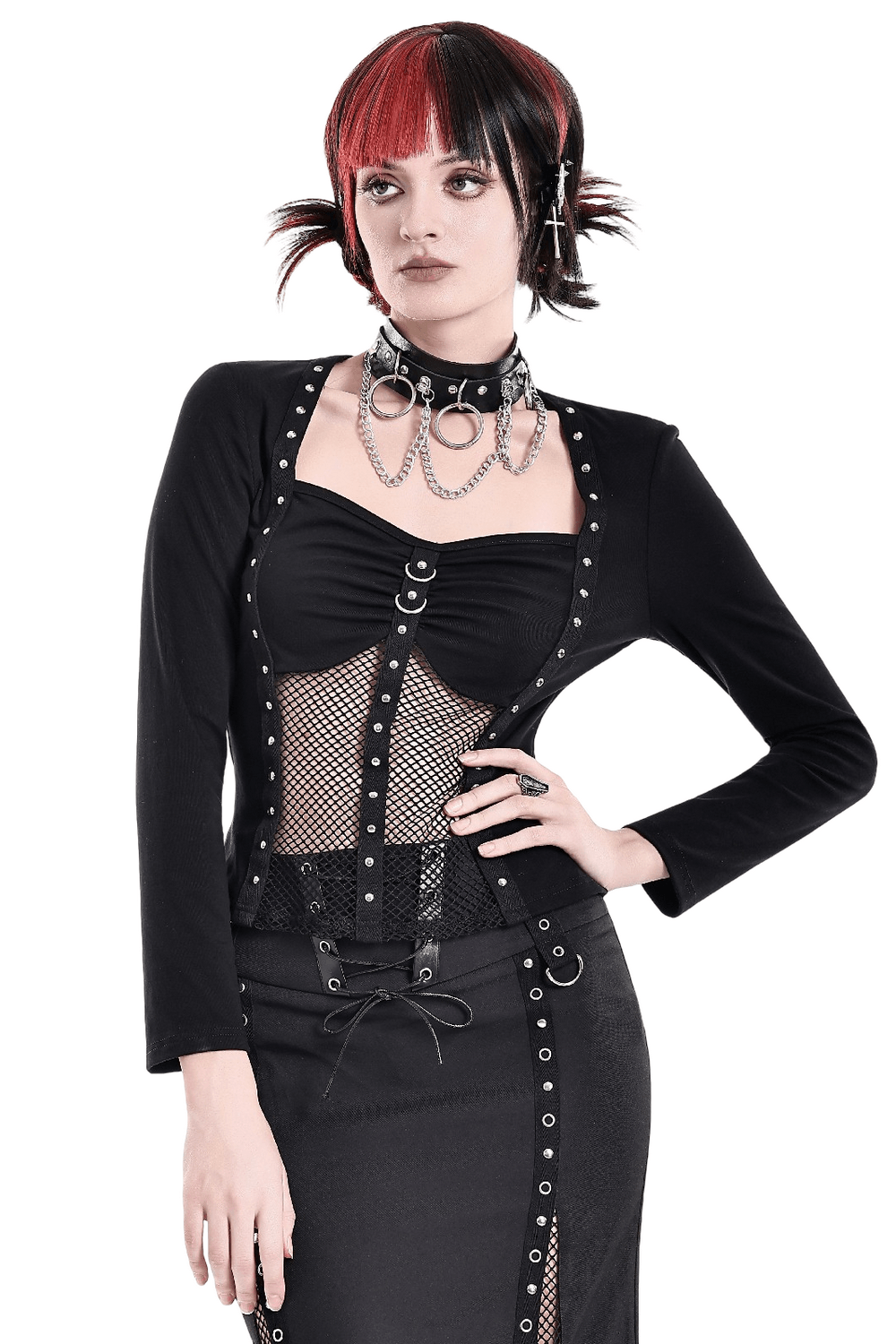 Punk Long Sleeve Top with Fishnet and Ring Accents