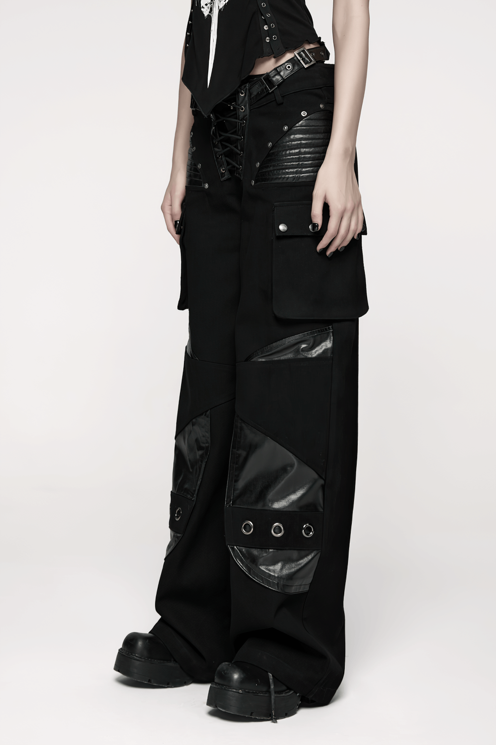 US SALE of Punk Low-Waist Wide-Leg Pants with Belt and Pockets