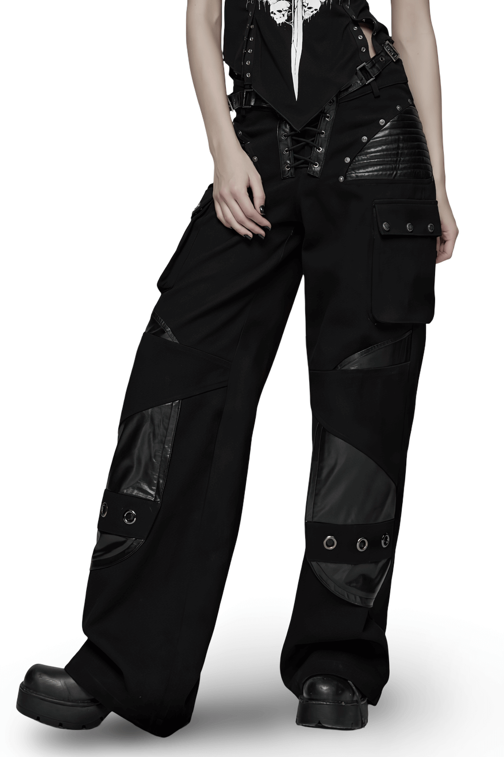 US SALE of Punk Low-Waist Wide-Leg Pants with Belt and Pockets