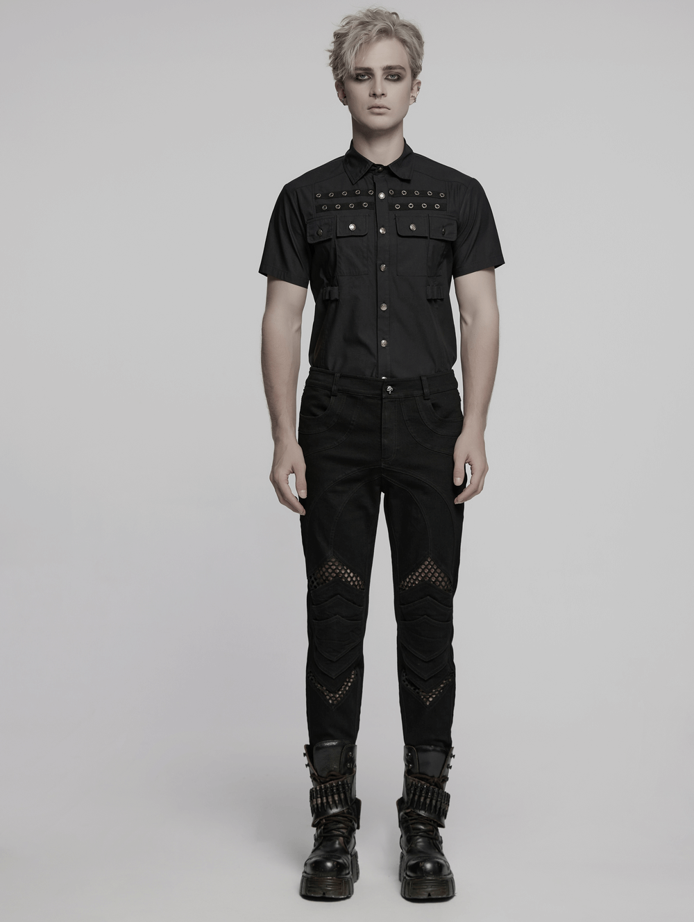 Punk Mesh Detail Tight Pants with 3D Knee Pieces
