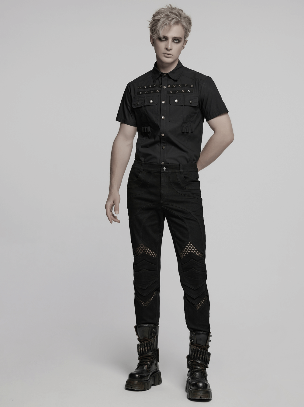 Punk Mesh Detail Tight Pants with 3D Knee Pieces