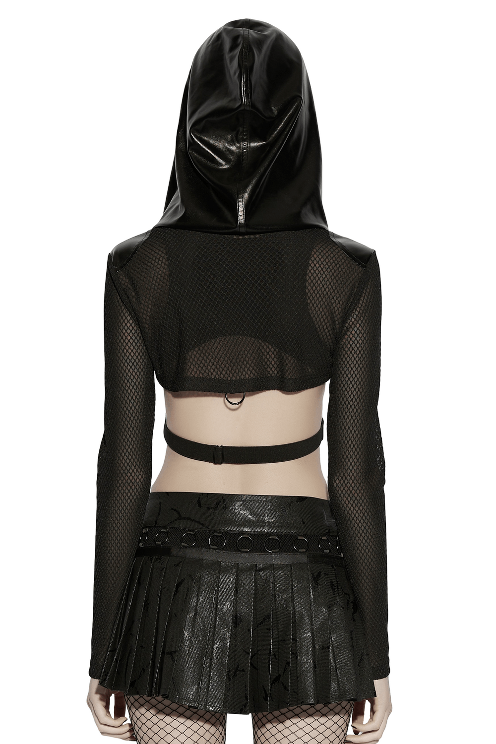 Punk Mesh Hooded Crop Top with Rubberized Panels