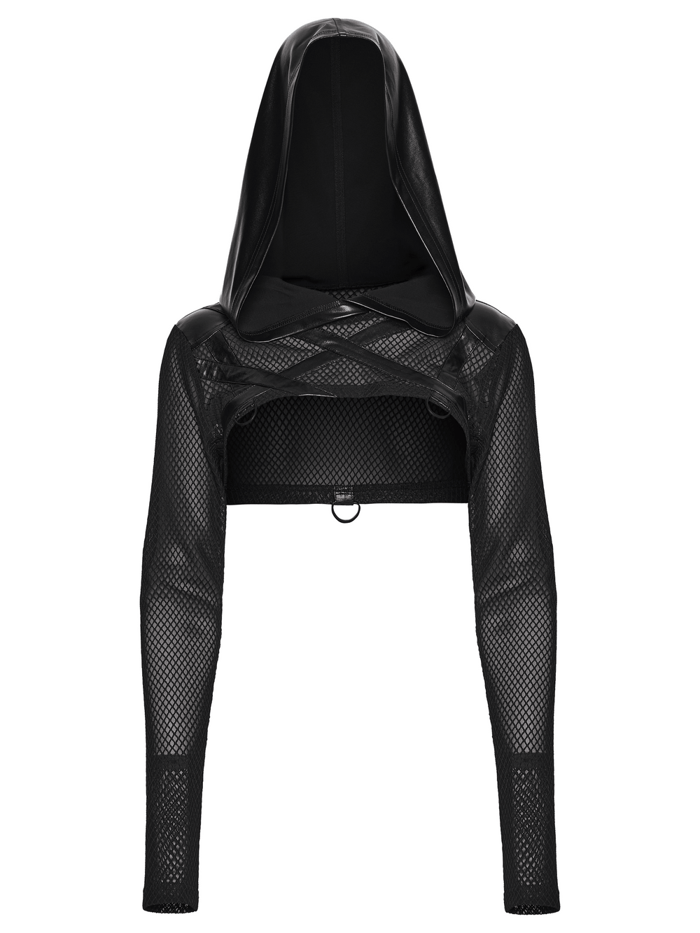 Punk Mesh Hooded Crop Top with Rubberized Panels