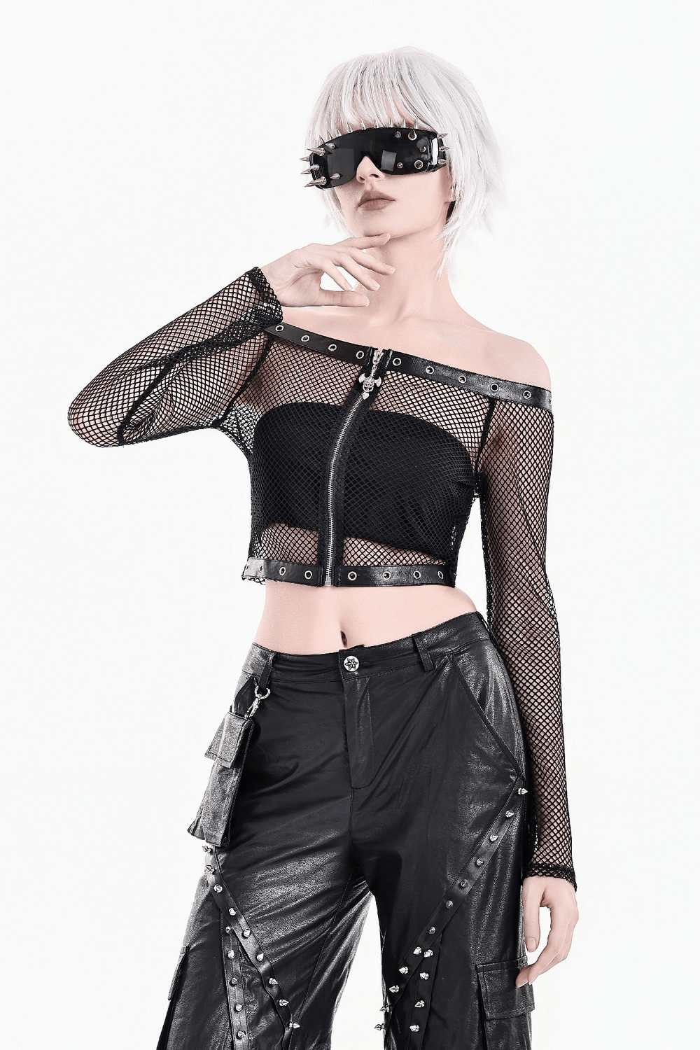Punk Mesh Off Shoulder Top with Zipper and Stud Details