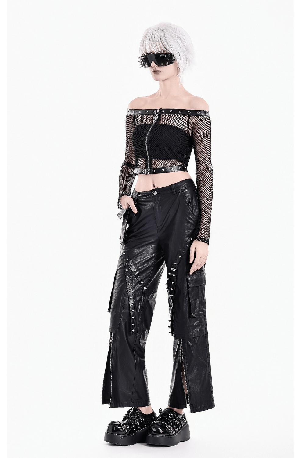 Punk Mesh Off Shoulder Top with Zipper and Stud Details