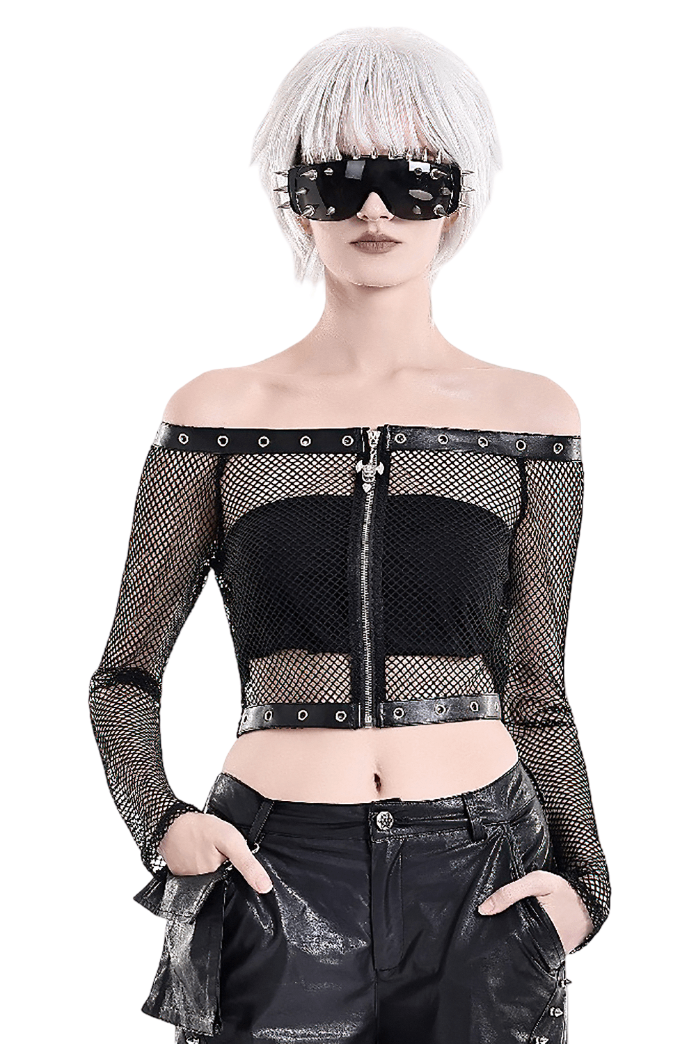 Punk Mesh Off Shoulder Top with Zipper and Stud Details