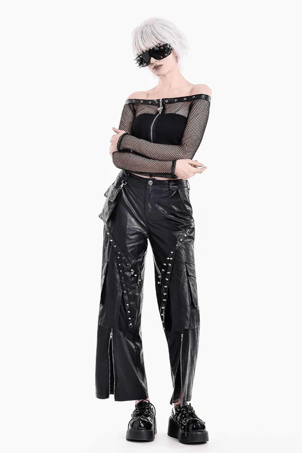 Punk Mesh Off Shoulder Top with Zipper and Stud Details