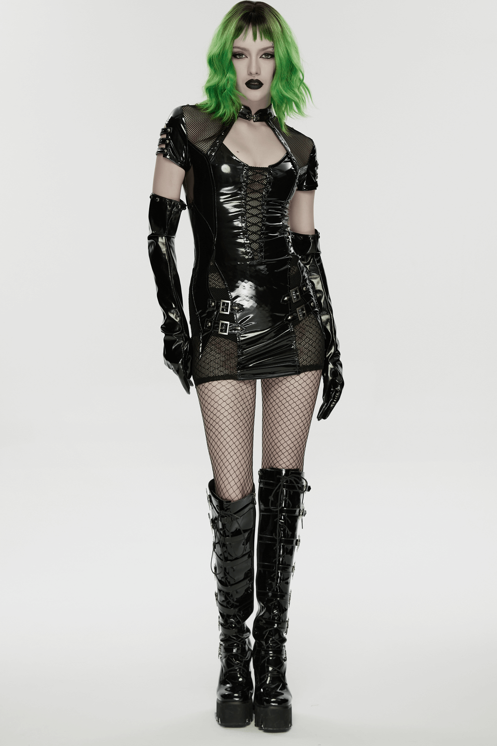 Punk Patent Leather Long Gloves with Metal Studs