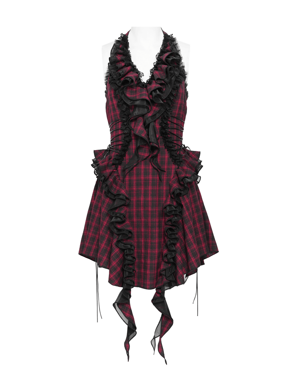 Punk Plaid Lace-Up Ruffle Asymmetrical Mini Dress