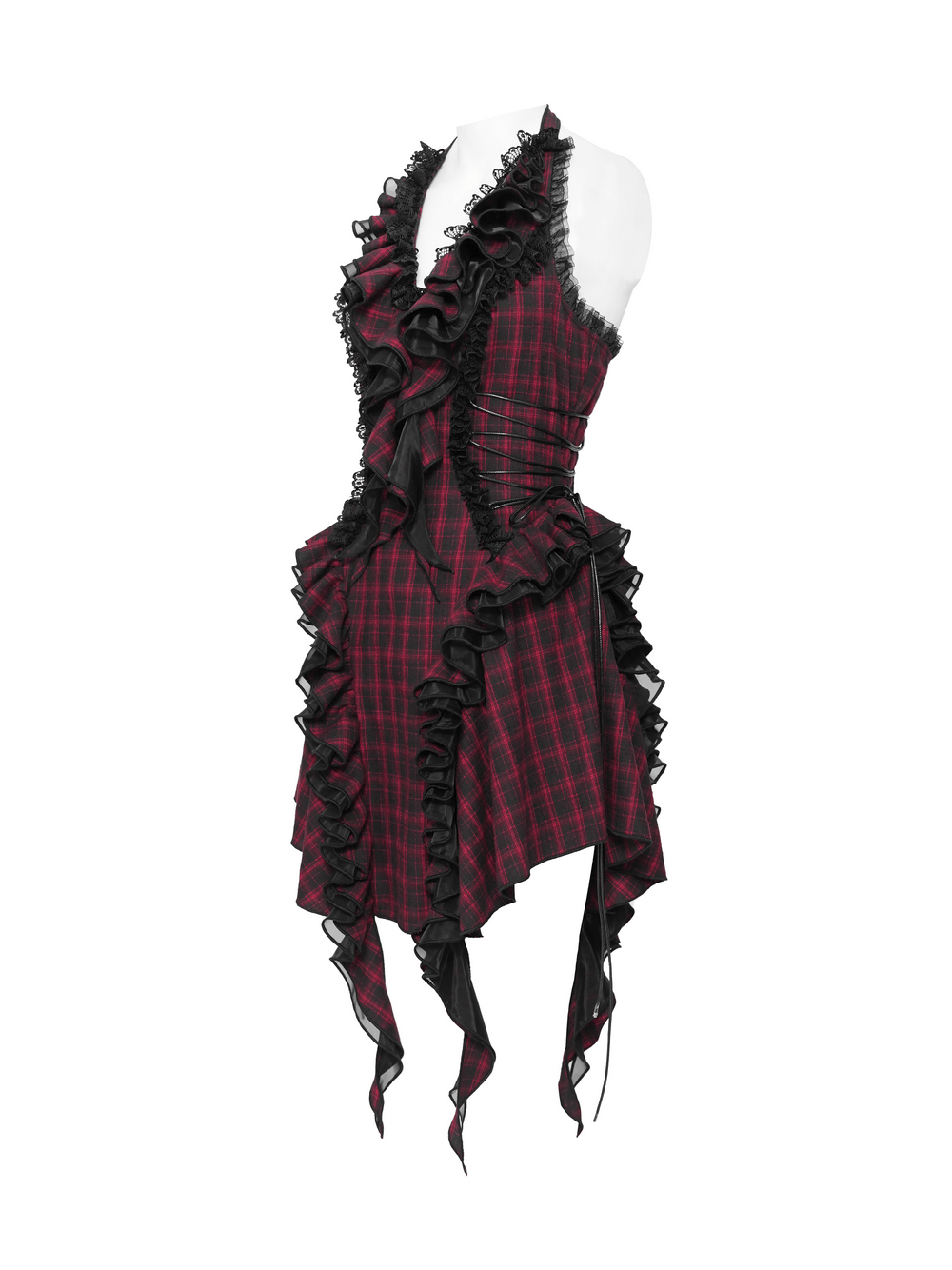 Punk Plaid Lace-Up Ruffle Asymmetrical Mini Dress