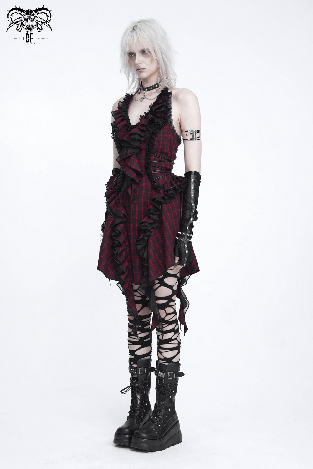 Punk Plaid Lace-Up Ruffle Asymmetrical Mini Dress