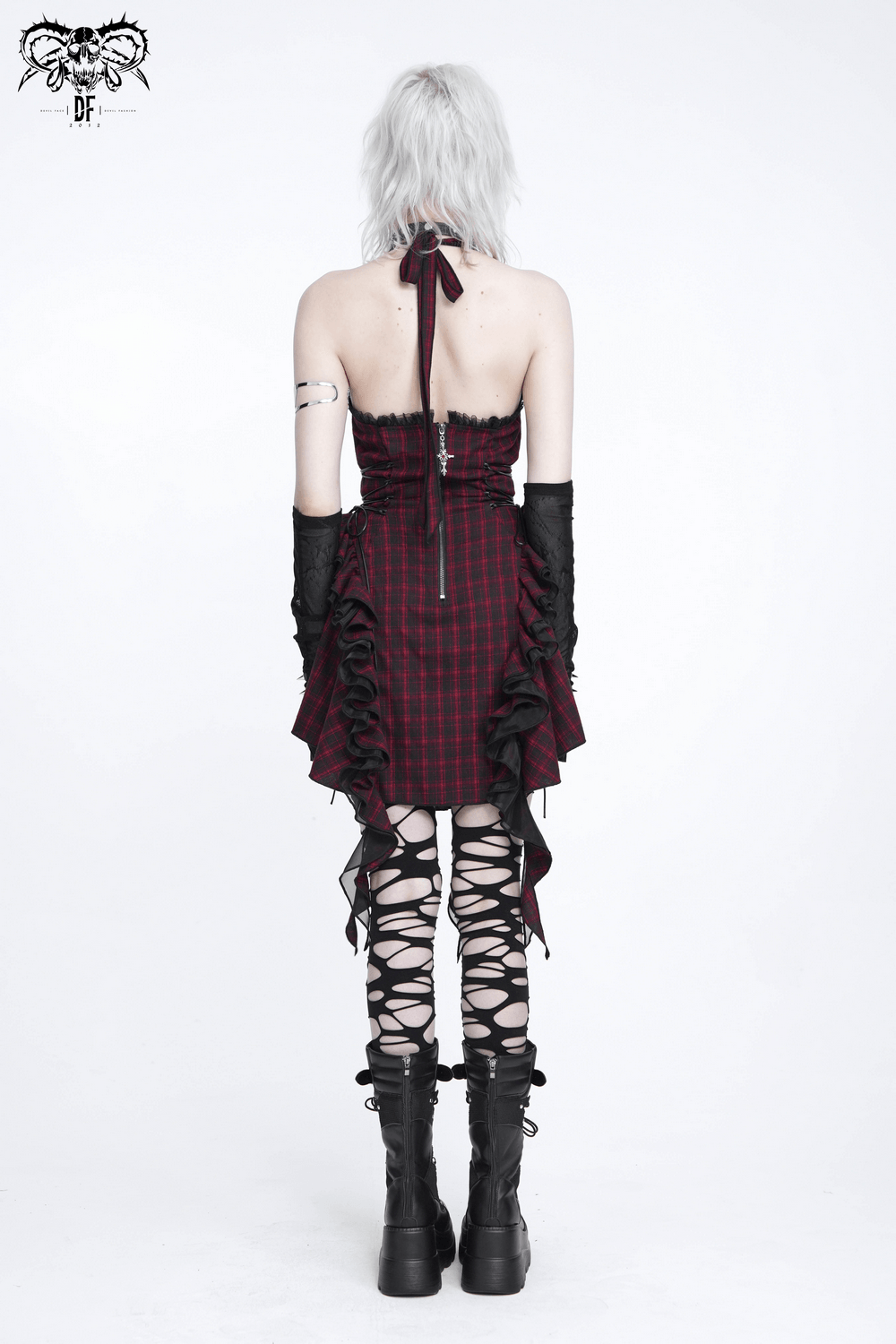 Punk Plaid Lace-Up Ruffle Asymmetrical Mini Dress