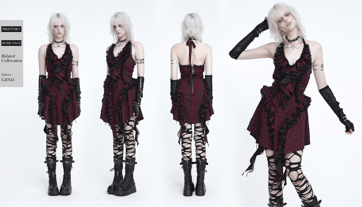 Punk Plaid Lace-Up Ruffle Asymmetrical Mini Dress