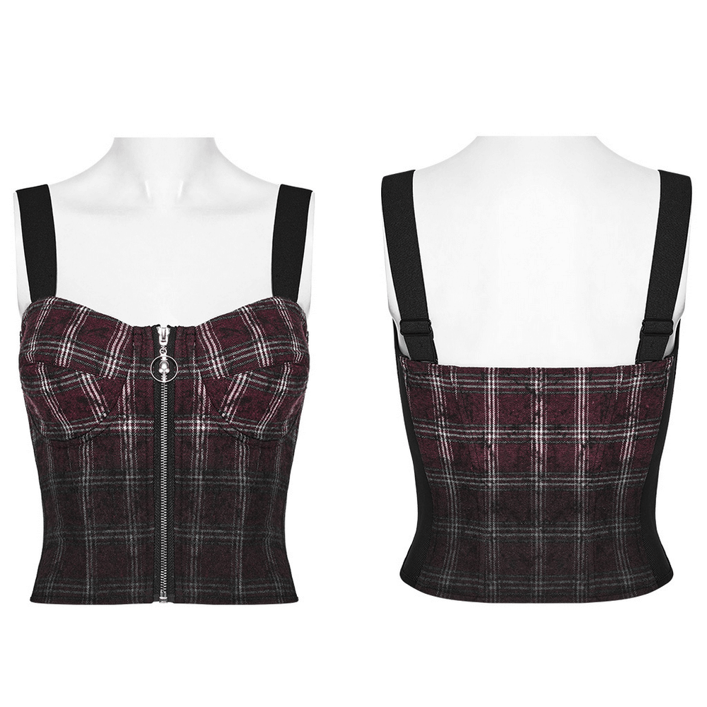 Punk Plaid Top with Skull Zipper and Adjustable Straps