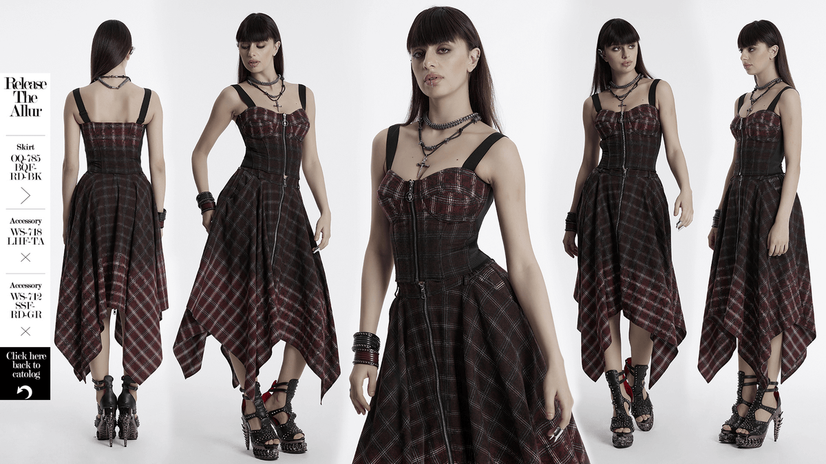 Punk Plaid Top with Skull Zipper and Adjustable Straps