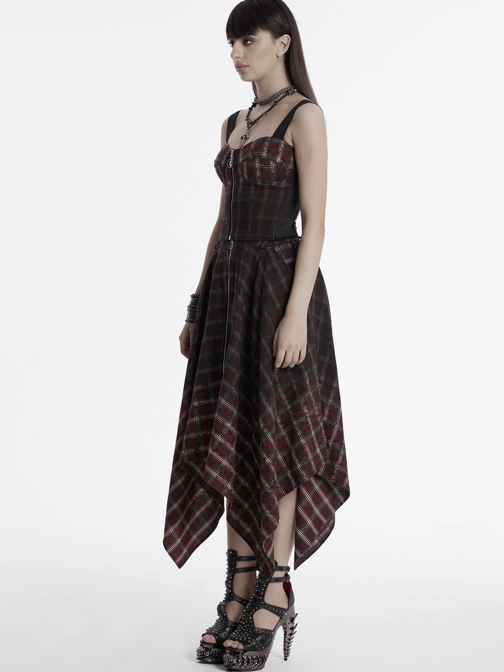 Punk Plaid Top with Skull Zipper and Adjustable Straps