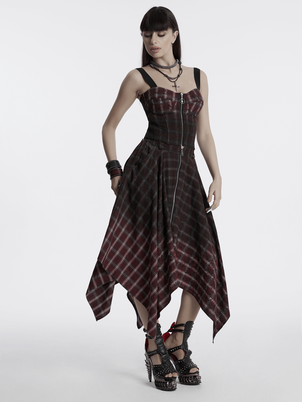 Punk Plaid Top with Skull Zipper and Adjustable Straps