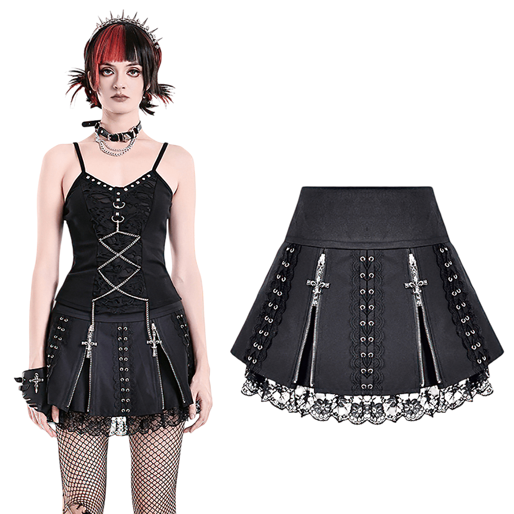 Punk Pleated Skirt with Lace Trim and Corset Details