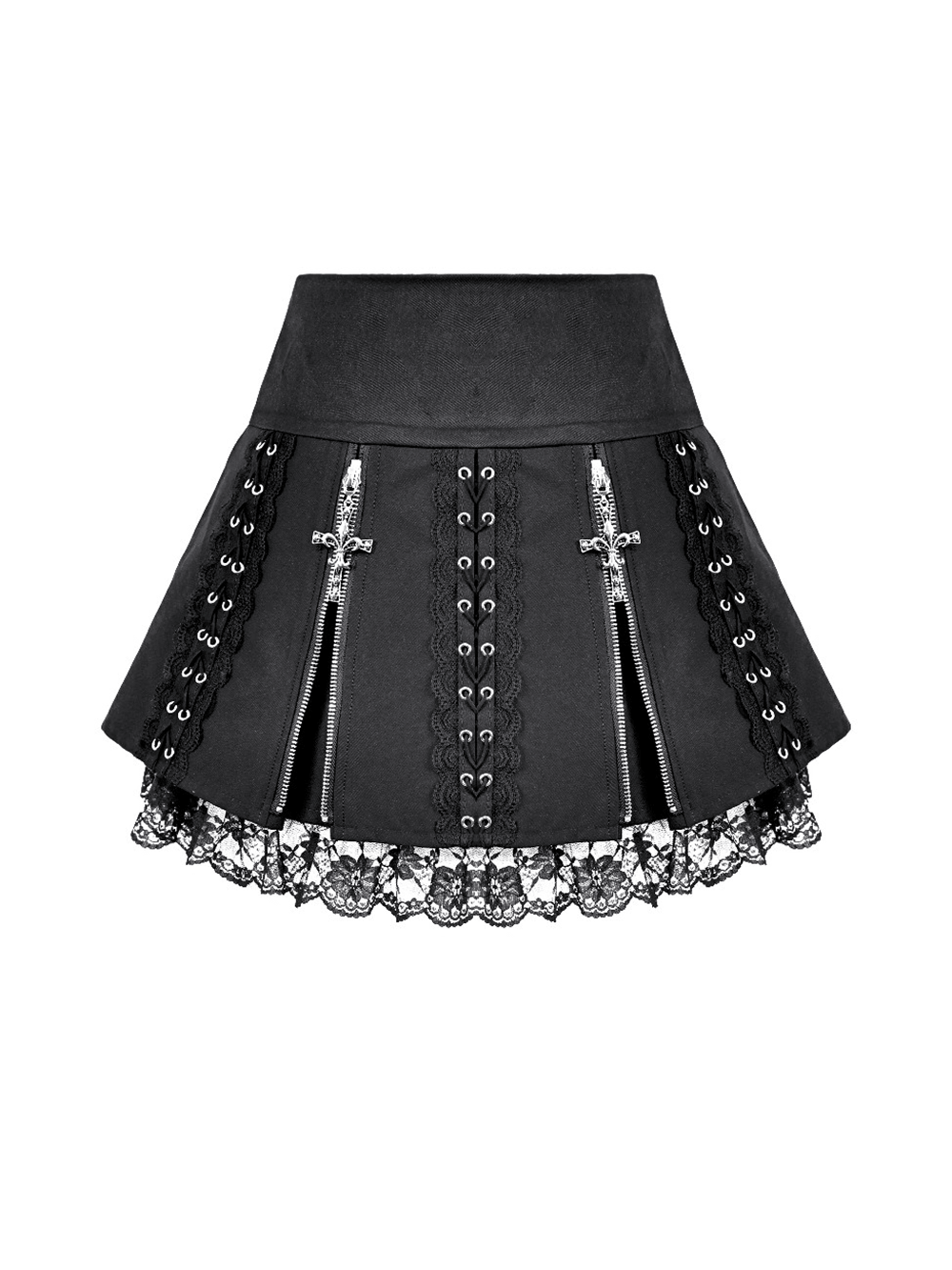 Punk Pleated Skirt with Lace Trim and Corset Details