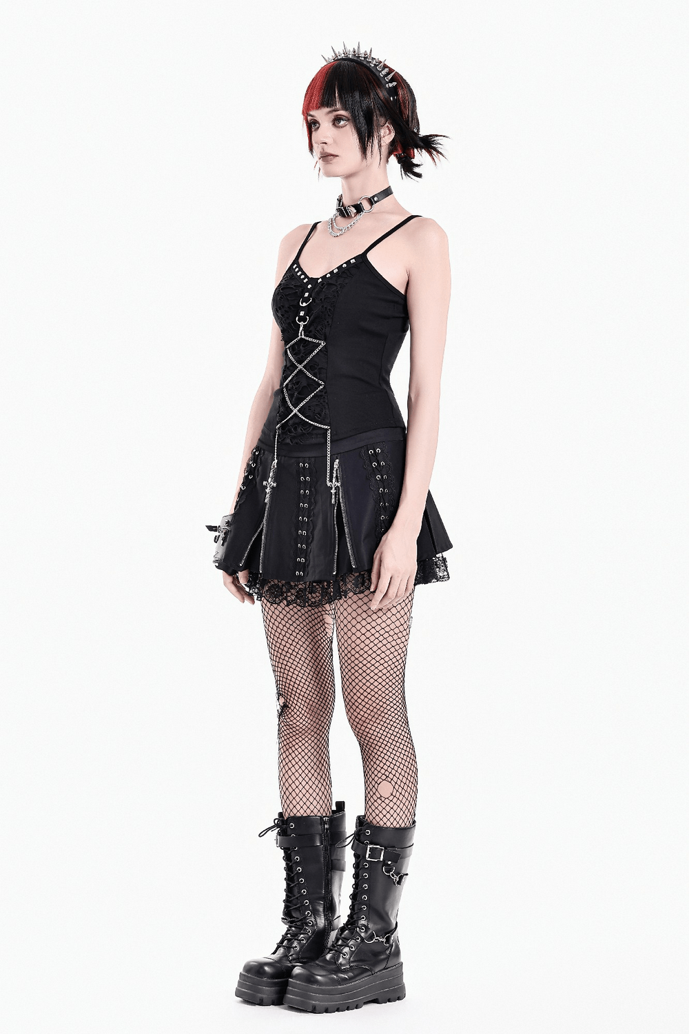 Punk Pleated Skirt with Lace Trim and Corset Details